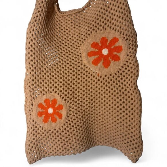 Crochet Mesh Tote Bag Beige Tan Orange - Picture 4 of 4